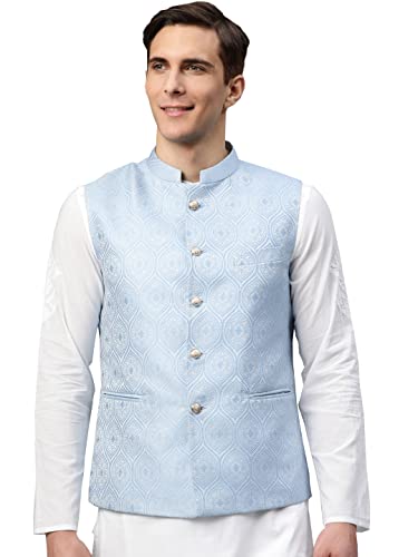 Image of MANQ Men's Sky Blue Woven Jaquard Silk Nehru Jacket