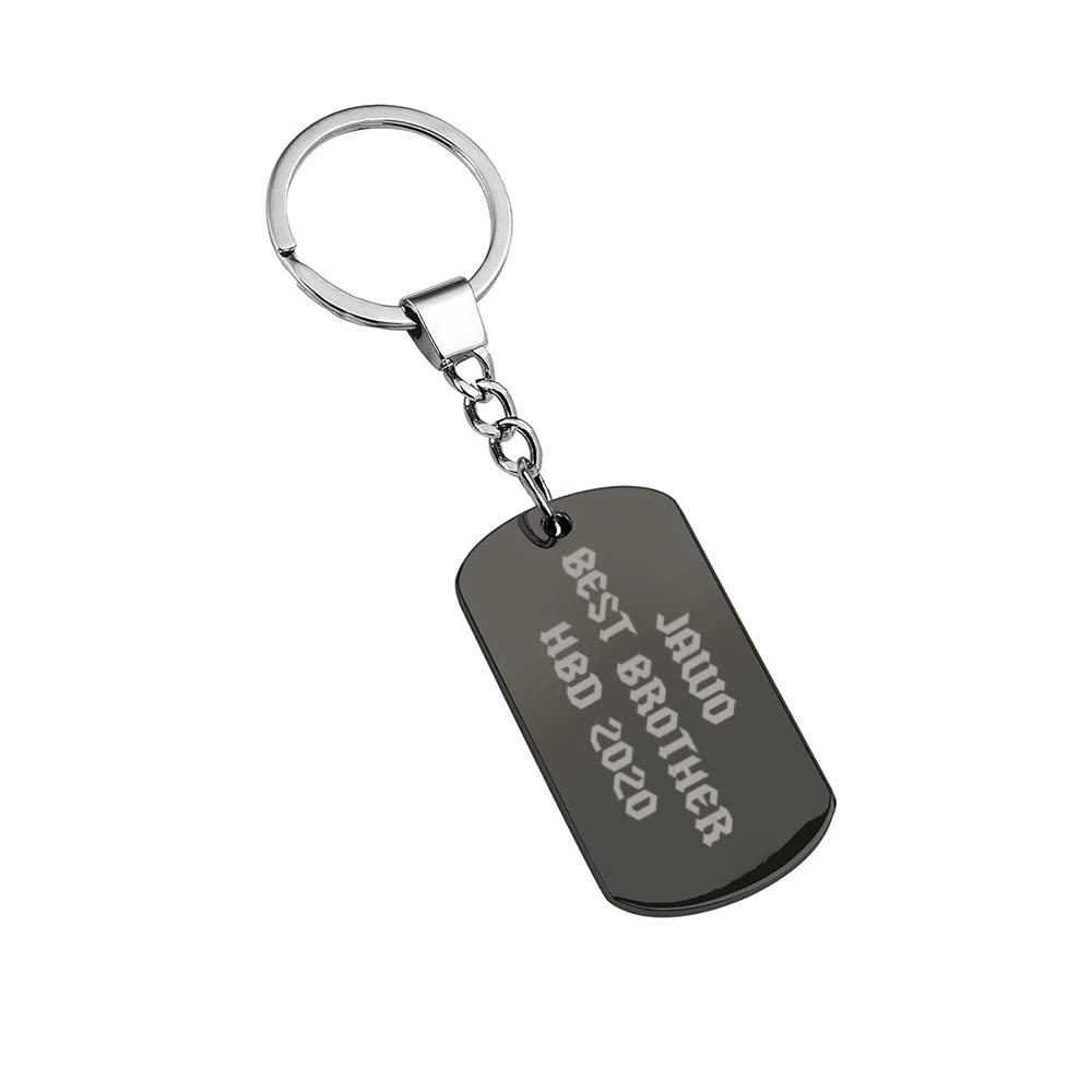Eio Gifts Unisex Black Personalised Chrome Dog Tag Keyring/Keychain In Velvet Pouch, Custom Engraved With Your Text, Premium Quality Metal Keyring For Him Or Her, Ideal For Gifting On Birthdays & More