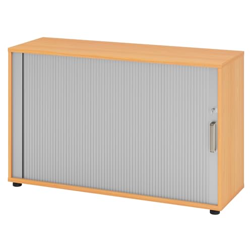 bümö Aktenschrank abschließbar mit Rollladen, Rollladenschrank für Ordner & Co. - Büroschrank mit Rollo, abschließbarer Ordnerschrank aus Holz in Buche/Silber mit Streifengriff