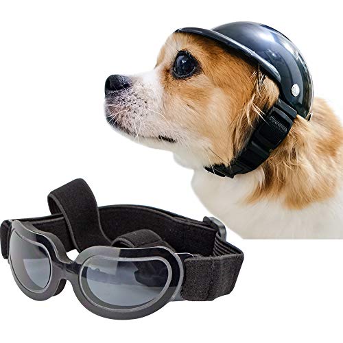 La La Pet® Pet Helmet With Dog Goggles Pet Doggie Cap Hat Dog Sunglasses Pet Eye Wear Cat Uv Protection Sun Glasses For Puppy Dog Travel Skiing, Helmet M + Black Goggles #TOP23