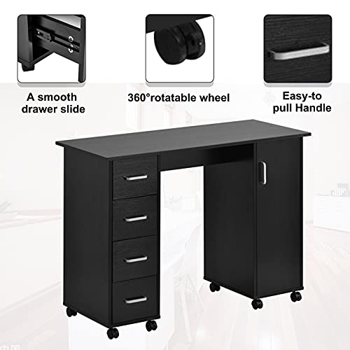 Henf Manicure Nail Art Desk Computer Desk, Spa Beauty Nail Salon Technician Table Nail Desk Stations Equipment With Wheels, Beauty Table For Beauty Salons/Manicure Shop (Style1, Black) #TOP3