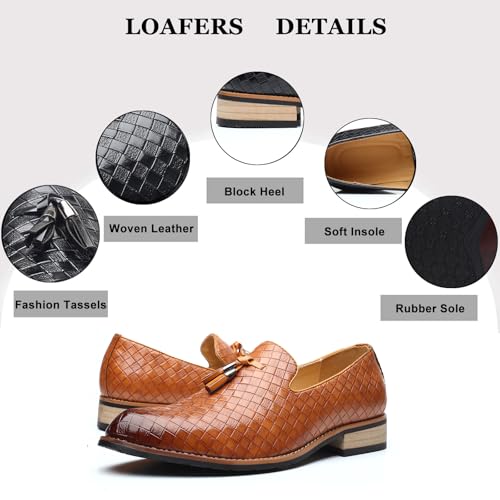 Men's Woven Leather Tassel Loafers Fashion Lightweight Slip On Low Block Heel Smoking Slipper Weeding Party Prom Dress Shoes for Men2
