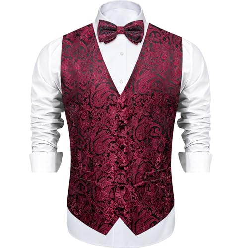 Image of DiBanGu Mens Paisley Suit Waistcoat,Silk Dress Vest and Bowtie Pocket Square Cufflinks with Lapel Pin Set for Wedding Tuxedo