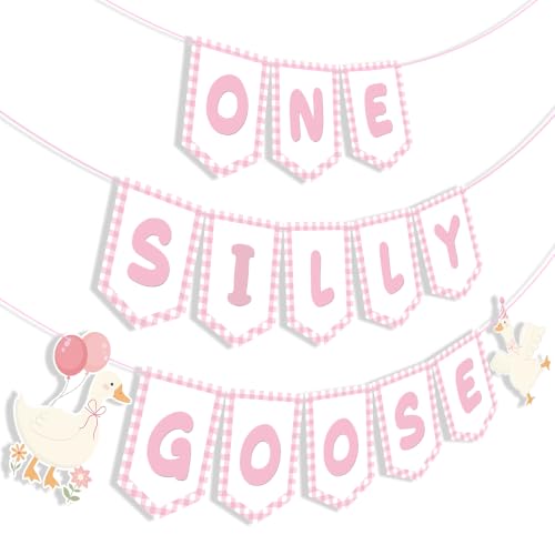 Maitys Silly Goose First Birthday Banner Pink Gingham Baby Shower Party