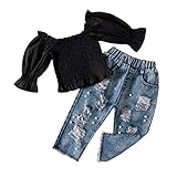 Verve Jelly Kleines Kleinkind Mädchen Kleidung Kinder Baby Schulterfrei Oberteile Sommer Herbst Rüschenhemd + Zerrissene Jeans Lange Hosen Denim Outfit Schwarz 120 4-5 Jahre