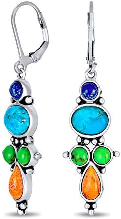 South Western Style Multi Stone Sterling Silver Lapis Stabilized Turquoise Orange Coral Dangle Earrings For Women