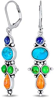 South Western Style Multi Stone Sterling Silver Lapis Stabilized Turquoise Orange Coral Dangle Earrings For Women