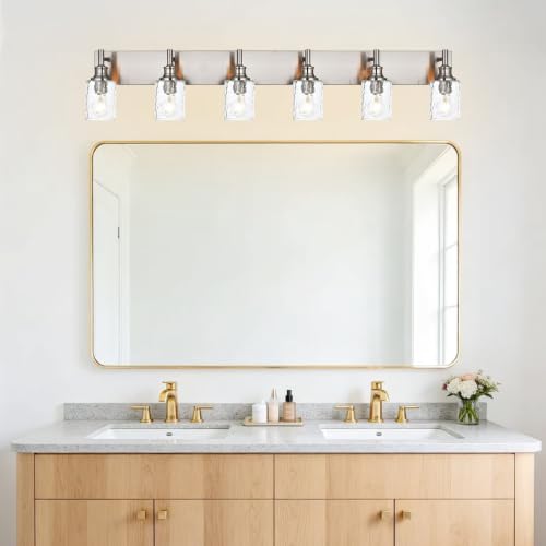 Image of 6 Lights Brushed Nickel Bathroom Vanity Light, Hammered Glass Shade | Modern Bathroom Lighting Fixtures over Mirror, Metal Finish Vanity Wall Sconce, E26 Base, for Bedroom Living Room Hallway
