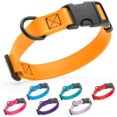 Image of Dogline Biothane Waterproof Dog Collar with Quick Release Buckle Strong Coated Nylon Webbing with Odor- Proof for Easy Care Easy to Clean Fits Small Medium Large Dogs, Tangerine Orange 5 /8 inch W 9-14 inch L