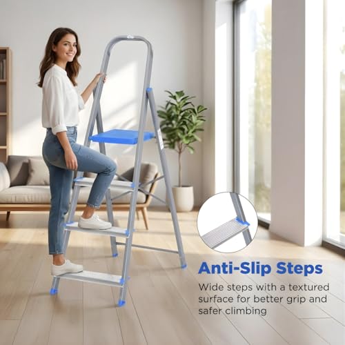 Image of Nilkamal Rise 5 Step Heavy Duty Steel Ladder with Aluminium Steps | for Home Use | Climb Easy Anti-Slip Steps | Secure Safety Clutch Lock | 150 kg Capacity | 1 Year Warranty