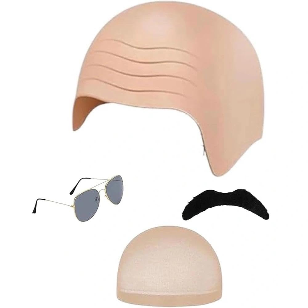 AYZDJ Realistic Bald Cap Costume Accessory Set, Includes Stretchy Bald Wig Cap, Beard & Sunglasses for Men Women, Ideal for Halloween, Stage Shows & Prank Parties