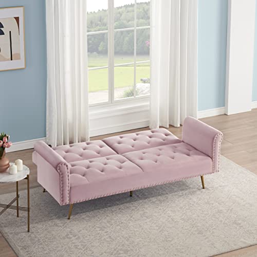 Modern Futon Sofa Bed Loveseat Convertible Sleeper Couch Daybed, Multifunctional Velvet Upholstered Folding Recliner,2-Seats Small Sofá Couches With Metal Legs&Vintage Nailhead Trim For Living Room #TOP3