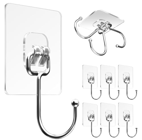 amanii 8 Pack Wall Hooks 20Kg (Max) Large Adhesive Hooks Self-Adhesive Traceless Clear and Removable, Waterproof and Rustproof Hooks for Hanging for Home Bathroom Kitchen Office and Outdoor