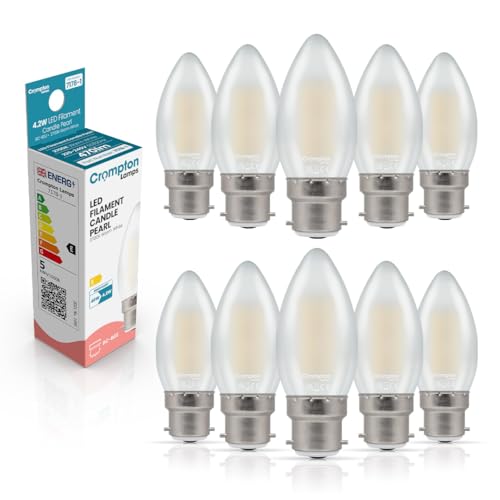 Image of Crompton Lamps Filament Candle LED Light Bulb BC-B22d | 4.2W = 40W Equivalent | Warm White 2700K | Energy Efficient | Bayonet Lightbulb | Long Life 10,000-Hrs | Pearl Glass | Dimmable | 10-Pack