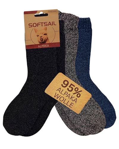 HENKi 3 Paar Alpaka Socken 95% Wolle PREMIUM Herren Damen Kinder Warm Kuschelig mit Alpakawolle Thermo Flauschig Stricksocken für Mann Frau (DE/NL/SE/PL Numerisch 43 46 SCHWARZ/OREO/BLAU)