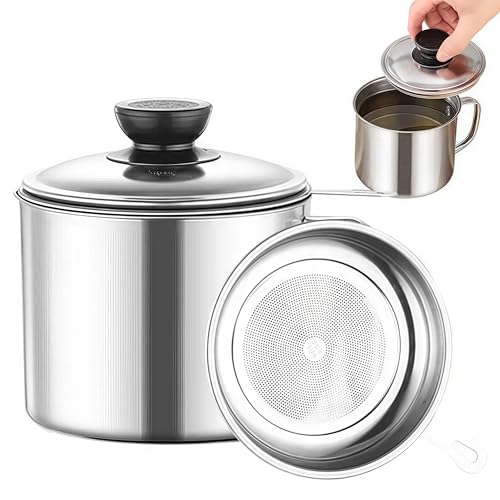 RIIPOO Grease Container for Kitchen, 34oz Bacon Grease Saver with Strainer, 410 Stainless Steel Cooking Oil Container Can, Oil Storage Keeper with Lid