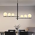 6-Light Black Pendant Light Modern Sputnik Chandeleir for Dining Room Mid Century Globe Chandelier with Milk Glass Shade Sputnik Ceiling Light Fixture for Entryway Kitchen Island Foyer Bedroom