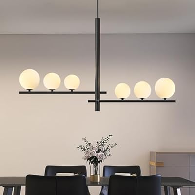 6-Light Black Pendant Light Modern Sputnik Chandeleir for Dining Room Mid Century Globe Chandelier with Milk Glass Shade Sputnik Ceiling Light Fixture for Entryway Kitchen Island Foyer Bedroom