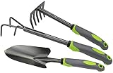 com-four® 3-teiliges Garten-Kleingeräte Set bestehend aus Blumenkelle, Blumenrechen und Kleingrubber in Stabiler Ausführung für Pflanzen und Gartenarbeit (03-teiliges Gartenset grau/grün)