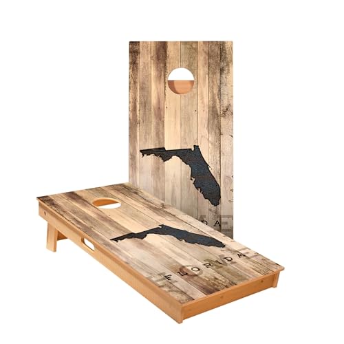 Skip's Garage Florida Rustic Cornhole Boards - Includes (2) Boards (Resin Bags) + (1) Carry Case, (2) Hole Lights & (2) Edge Lights