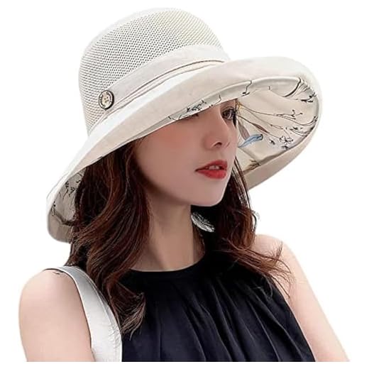 Summer Mesh Sun Hats for Women UV Protection Wide Brim Packable Beach Bucket Hat Beige