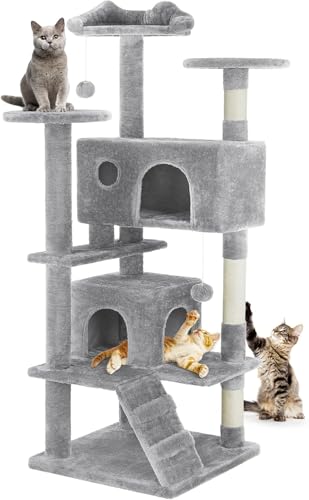 54 Inches Cat Tree Tower for Indoor Cats, Cat Tree Tower Condo with Scratching Post for Cats House Play, Multi-Level Furniture Activity Center for Pet, Sisal Rope, Light Gray