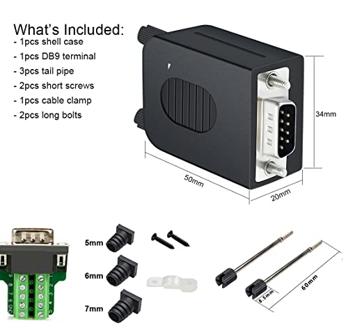 Image of DTech DB9 Breakout Connector, Male RS232 Serial Adapter, Solderless Module Board with Screw Terminals, Case, Long Bolts, Tail Pipes