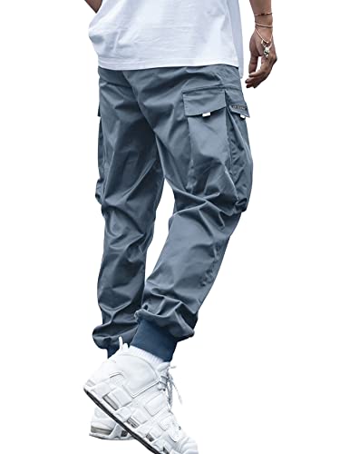 Romwe Men's Flap Pocket Drawstring Elastic Waist Letter Graphic Street Cargo Pants Dusty Blue M #TOP1