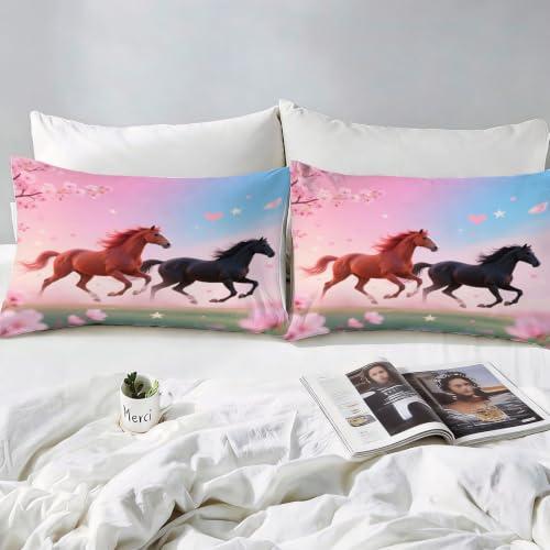 Housse de couette 140x200 cheval 1 personne parure de lit microfibre avec 2 taies d'oreiller 65x65