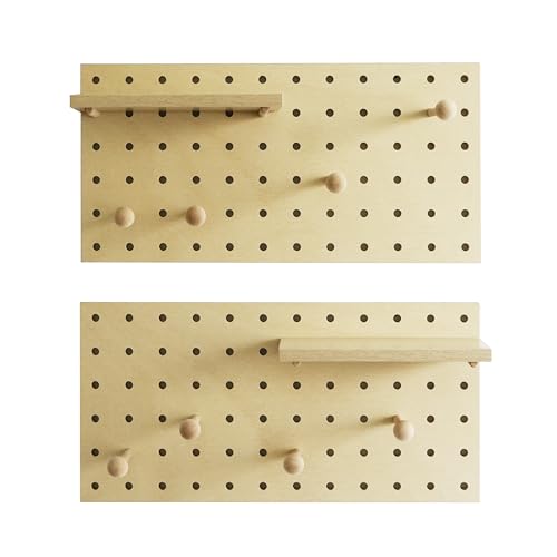 Image of Wooden Pegboard Modular Display Organization Storage Wall Hooks Shelf (Birch Colored Finish-B)
