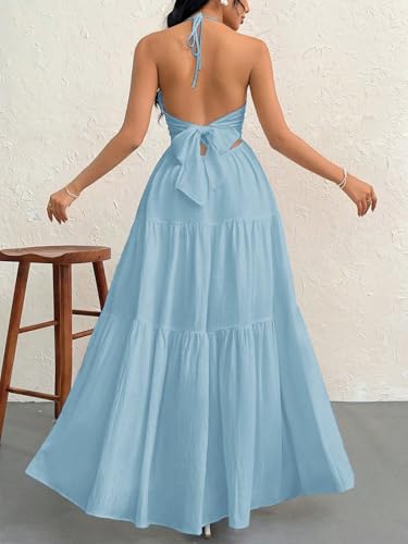Image of Narecte Women's Maxi Summer Dresses Halter V Neck Beach Dresses for Women A-Line Casual Dress for Vacation