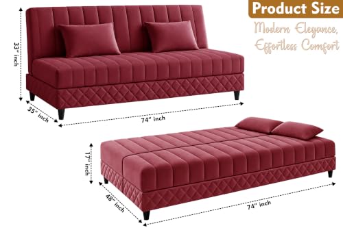 Image of 3-Seater Velvet Sofa Cum Bed | Tufted Convertible Sleeper Sofa | Plush Cushioned Seating | Space-Saving Design for Living Room, Bedroom & Office | Red
