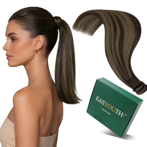 Image of Easyouth Pony Tail Extensions, Balayage Dark Brown, 16 Inch 80G, Real Hair Ponytail Extension, Lightweight Invisible Wear, Pony Tail Extension for Add Volume