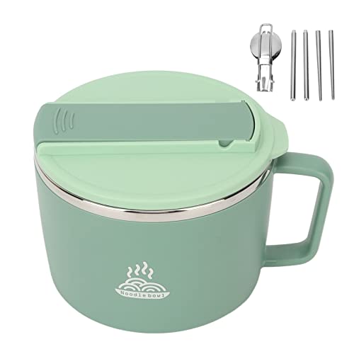 Microwave Noodle Bowl with Chopsticks and Spork 1200ml 304 Stainless Steel Portable Ramen Cooker Bowl with Lid for Office (Green)