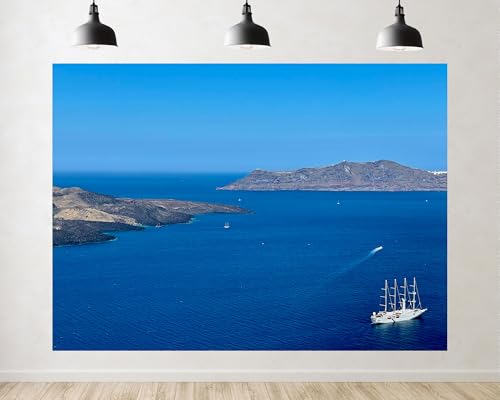 Trykid 5x5ft Santorini Caldera Backdrop Aegean Sea Photography Greek Island Volcanic Landscape Background Tapestry Travel Vlog Cruise Filming Party Decoration Photo Studio Prop Fabric
