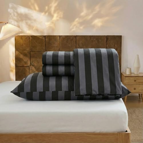 Image of Merryword 100% Cotton Sheet Set Full Size - Black and Gray Stripes Bedding, Soft Breathable Percale Weave, Wide Stripe Deep Pocket Sheet 17.5 inch, Luxury Linen Like, 4-Piece All Season Bedding