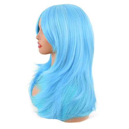 Image of MapofBeauty 20 Inch /50 cm Long Layered With Bangs Straight Synthetic fiber Shoulder Length Hair for Daily Use or Party Wig (Light Blue)