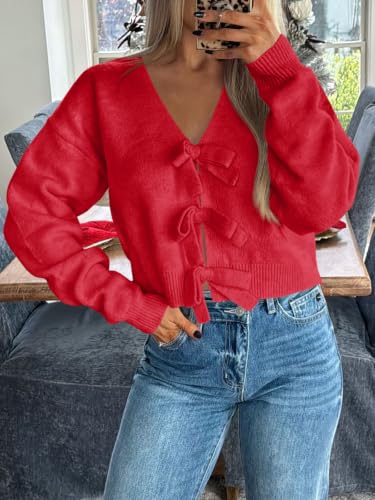 Image of Saodimallsu Womens Bow Sweater Cropped V Neck Long Sleeve Pullover Tops