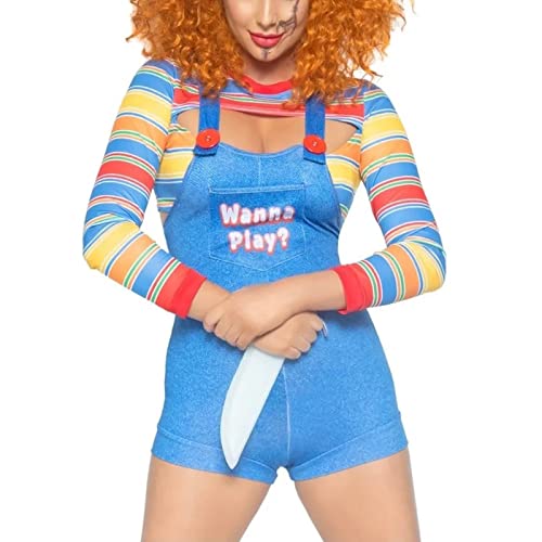 Halloween-Kostüme für Damen, gruseliger Albtraum-Killer-Puppen-Kostüm, Halloween-Puppe, Clown-Kostüm, sexy Cosplay-Overall, C-Blau, M