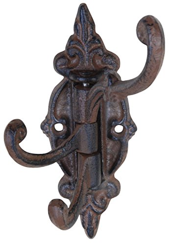 Aunt Chris' Products - Heavy Cast Iron - 3 - Swing Coat Hook - Elegant Scroll Work Design - Victorian Style Wall Hung - Primitive Look - Small Swivel Wall Tree