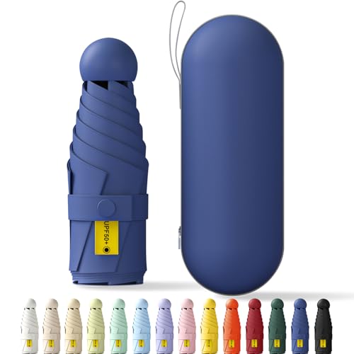 Betrynidil Parapluie Pliable de Voyage MINI - Mini Parapluie De Poche, Anti-UV, Léger, Compact, petit parapluie portable compact pour hommes et femmes Avec boîte capsule (Bleu marine)