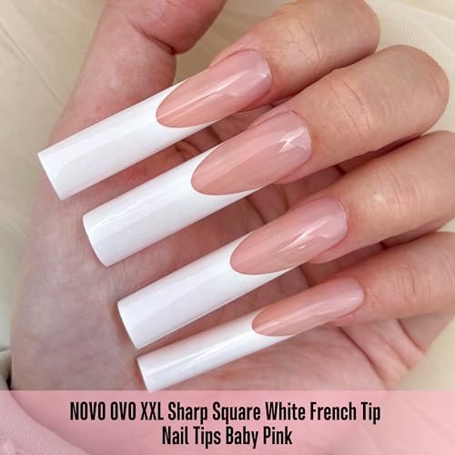 NOVO OVO Białe francuskie tipsy do paznokci Press on XXL Sharp Square BABY PINK, bardzo długi, gruby klej do paznokci, żel budujący, miękki żel, sztuczne paznokcie z pełnym pokryciem, do salonu, 15