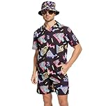CEKUIA 80s 90s Fancy Dress Shell Suit Disco T-shirts Shorts Set Costume Hip-hop Sportswear for Men Women Tracksuit with Glasses and Hat