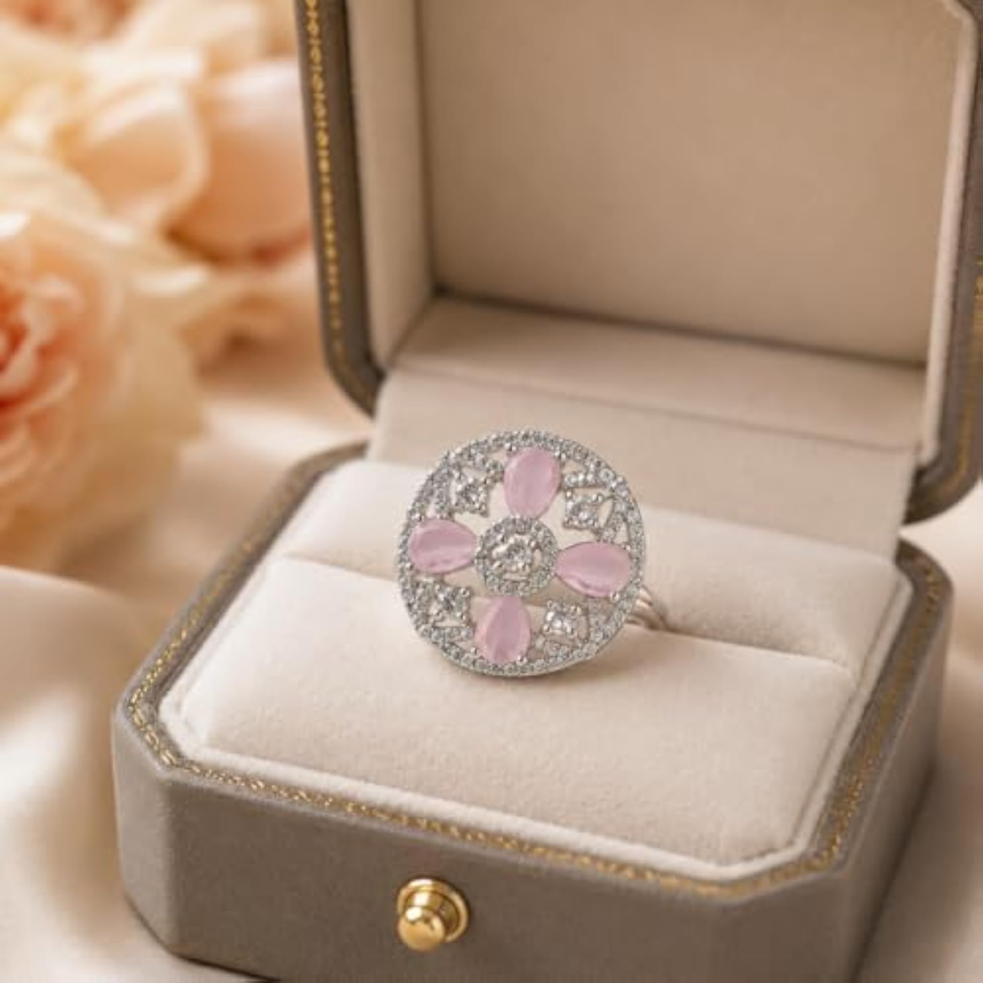 Women's Floral Rose Quartz Adjustable Ring, Elegant Design