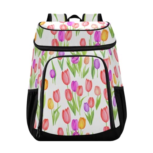Tulip Flower White Cooler Backpack Leakproof Insulated Lunch Cooler Bag 30 Cans Camping Backpacks for Camping Beach Hiking
