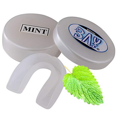 BAY MINZ AROMA ZAHNSCHUTZ, Farbe TRANSPARENT für Erwachsene & Jugendliche, mit Hygiene BOX Dose, CE, Sport Mundschutz, Zahnschützer, Mundschützer, Senioren ab ca. -13 Jahre, klar durchsichtig weiss farblos Mint Pfefferminz Boxen Kampfsport Eishockey Handball Wasserbad Allround