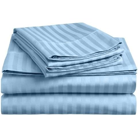 Damask Stripe Luxurious 1000-TC Heavy Pima Cotton 4-PCs Sheet Set Fits 22-24 Inch Deep Pockets (1 Fitted, 1 Flat, 2 Pillowcase) Premium Hotel Quality (California King, Light Blue) Cover