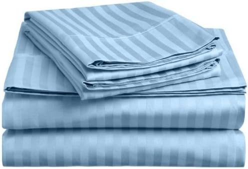 600 Thread Count Deep Pocket Mattress 11 Inches 100% Egyptian Cotton Striped 4-Piece Soft Sheet Set RV Camper Short Queen, Light Blue