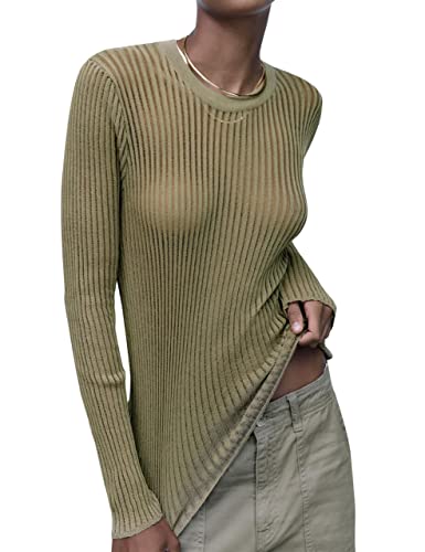 Image of KAMISSY Women See Through Crew Neck Sheer Mesh Knitted Sweater Solid Basic Long Sleeve Loose Fit Knit Pullover Jumper Top
