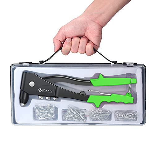 eSynic Rivet Gun Heavy Duty Hand Riveter Kit Nut Setter Kit with 200pcs 2.4mm/3.2mm/4mm/4.8mm 4 Sizes Riveting Tool Pop Rivet Kit Rivet Nut Kit Set for Metal, Wooden and Plastic(Green)